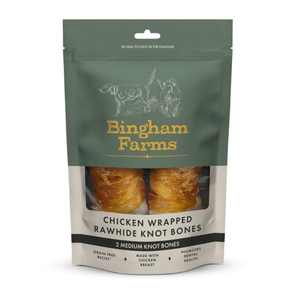 Bingham Farms Chicken Wrapped Rawhide Knot Bone Dog Treat - Dental Chew, Nutritious, Natural Flavour, High Protein – Medium - 2 pk 160 g