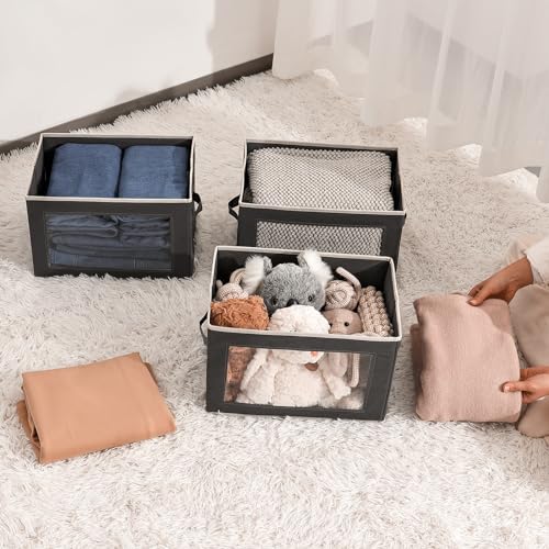 Homsorout Fabric Storage Boxes with Lids - 3 Pack Wardrobe Storage Organiser Bins with Transparent Window, Foldable Cube Storage Baskets for Toy, Clothes, Shoe, Books, Dark Grey