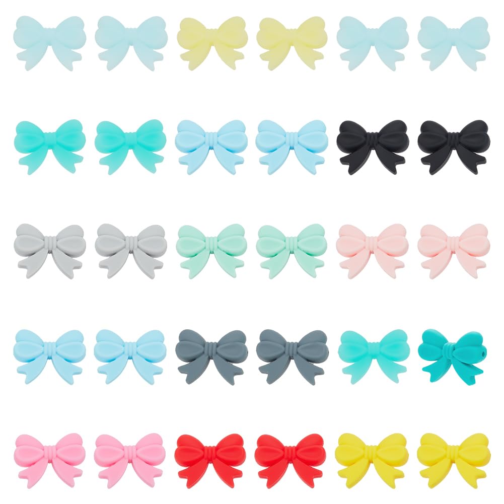 WEBEEDY 30pcs Bow Silicone Focal Beads 15 Colors Cute Bow Tie Bead Colorful Bowknot DIY Silicone Beads Soft Loose Spacer Bead for Beadable Pens Bracelets DIY Jewelry Making Keychains Crafts, Hole: 2mm