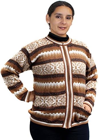CARDIGAN CREW NECK with ZIP JACKARD colors made in PERU Large camel brown