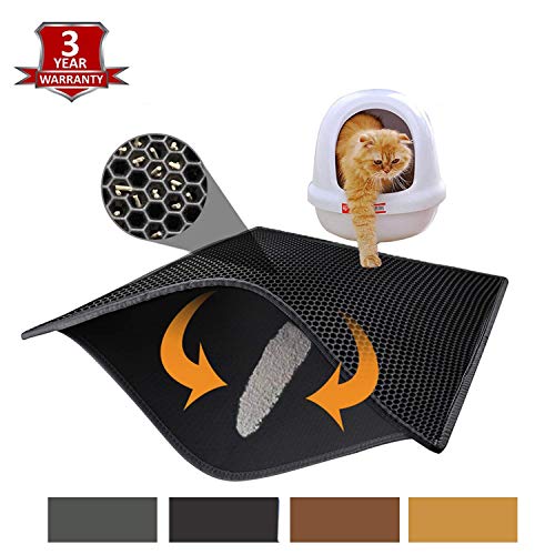 kaxionage Cat Litter Mat Litter Trapping Mat, 30 iInch X 24 iInch Waterproof Double Layer Honeycomb Design for Litter Boxes, Large Size Easy Clean Scatter Control (Black)