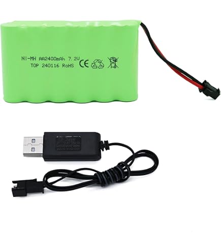 Batterie Ni-MH 7.2V 2400mAh Avec Chargeur USB - Connecteur Jack SM 2P + Adaptateurs KET/JST - Pour Jouets RC, Véhicules