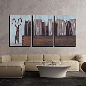 3 Piece Canvas Wall Art - Wooden Box with Old Movies and Scissors - Modern Home Art Stretched and Framed Ready to Hang - 16"x24"x3 Panels