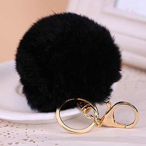 PRONOD 3.5 Inches Fluffy Rabbit Fur Pom Pom Charm Ball Key Ring Chain Gold Plated Keychain for Handbag Wallet Purse Car Key (black)