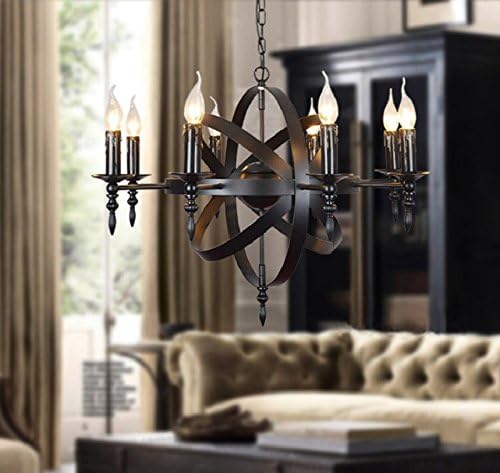 LgoodL Wrought Iron Candle Chandelier Retro Industrial Wind Globe Lamp Restaurant Bar Chandelier 8 Heads Black