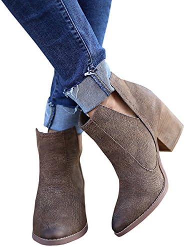 Daomumen Womens Ankle Booties Chunky High Heel Side V Cut Pointed Toe Shoes