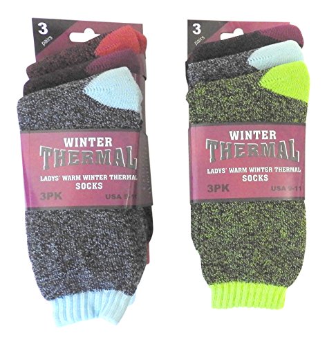 6 Pair Women's Ladies Warm Thermal Socks with Heat Trap Technology Assorted Beautiful Colors, USA Size 9-11