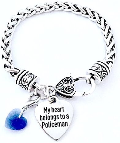 Rhinestone "My Heart Belongs To A Policeman" Antique Silver Heart Charm Wife Bracelet