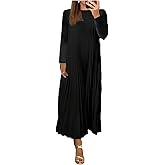 GORGLITTER Women's Pleated Church Maxi Dress Fall Casual Cocktail Holiday Long Sleeve Crew Neck Flowy Loose Long Dress