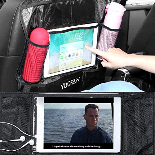 Back Seat Kick Mat for Kids, 2 Pack Back seat Car Organizer, Auto Kick Mats Backseat Protector with Storage Pockets - Clear Touch Screen 10" Ipad Holder, Waterproof Car Seat Back Bag for Kids (Black) - Thumbnail 4