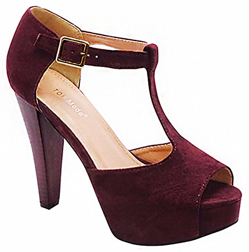 Top Moda Table-1 Women's peep toe platform chunky heel closed back buckle T-strap nubuck pumps Wine 7