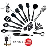 Bartollo Premium Silicone Kitchen Utensil Collection | Iron Core with Heat Resistant Nonstick Silicone for No-Scratch Cookware | Best 14-Pc Cooking Utensils Set | Bonus Measuring Cups & Spoons | Black