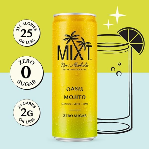 MIXT PREMIUM SPARKLING NON-ALCOHOLIC SPARKLING COCKTAIL – OASIS MOJITO – ZERO SUGAR, READY TO DRINK, ADAPTOGENS, NOOTROPICS, 2G OF CARBS OR LESS, LOW CALORIE, 12OZ CANS (PACK OF 4)