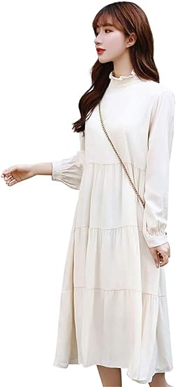 Amazon ワンピース レディース 長袖 春秋 ロング ドレス 着痩せ 体型カバー 上品 ト 無地 可愛い 通勤 気質拔群 通学 Aライン シンプル おしゃれ カジュアル ゆったり ベージュ 裏地あり 服 ファッション小物 通販