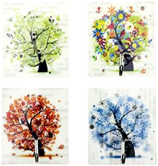 SINDBIN Strong Viscose Hook, Four Seasons Trees Wall Hook Hanger Hats Bag Key Adhesive Plastic Hook Coat Wall Hooks(Set of 4)