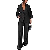 Casual Blazer Pants Suits for Women Dressy Oversized Long Sleeve Blazer and Wide Leg Pants 2 Piece Outfits