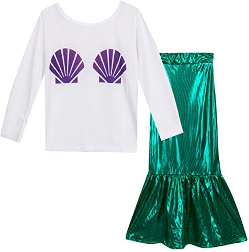 2 Pcs Kid Girl Shell Tops T-shirt+Skirts Mermaid Tails Outfits Costume (7T)