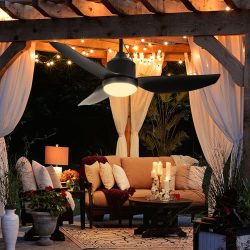 Depuley Outdoor Ceiling Fan with Light: 42 Inch Black Waterproof Gazebo Fans with Lights Outdoor Hanging - Plug in Remote App Control for Patios Indoor Farmhouse Porch - 6 Speed Reversible DC Motor