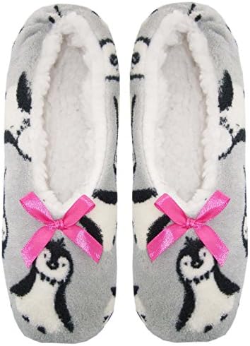 Womens Cozy Fleece Sherpa Lined Slipper Socks (Medium (24-25cm), Grey-Penguins)