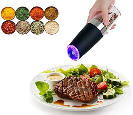 Automatic Electric Pepper Grinder,Adjustable Grind Coarseness, Battery Powered, Portable Electric Salt Mill, Stainless Steel,Blue LED Light(Black)