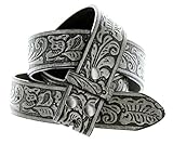 Western Floral Embossed Leather Snap on Belt Strap (32, Black)