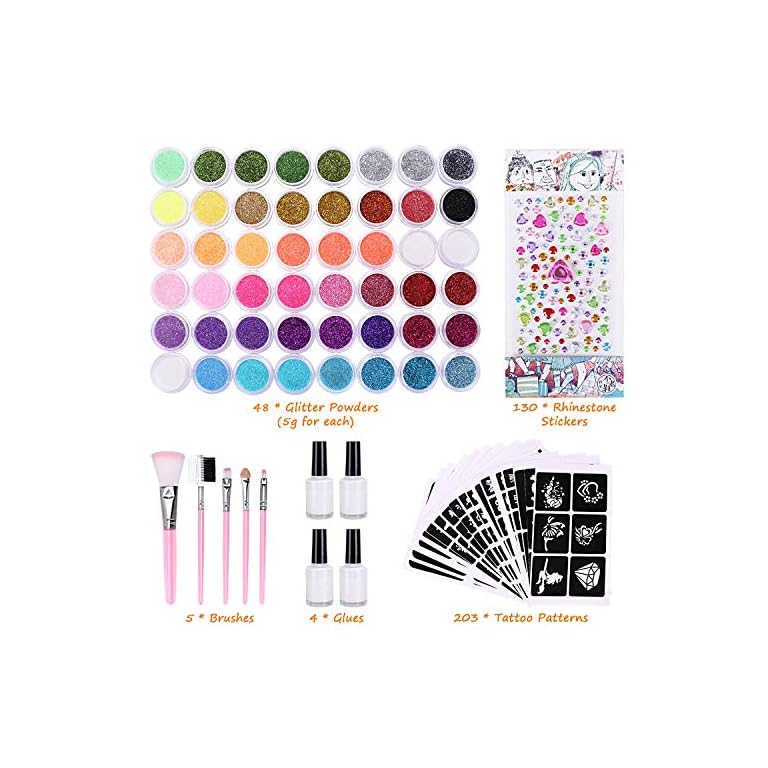 Kit Tatuajes Temporales, Kastiny 48 Colores Tatuajes Purpurina con 203