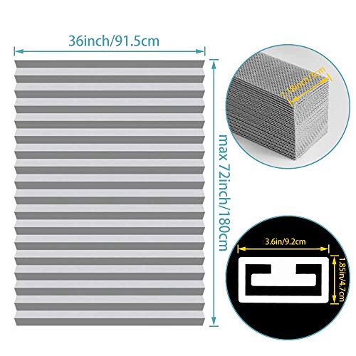 SEEYE Blackout Temporary Blinds Cordless Shades Fabric Pleated Fabric Shade Easy to Cut and Install, 36"x72" - 2 Pack, Grey，with 4 Clips - Thumbnail 2
