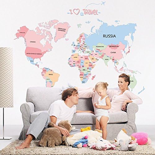 Animoeco World Map Wall Decal Vinyl Letter Sticker Adhesive Removable Colorful Art Wall Mural for Kids Baby Room Home Nursery DIY Decoration(35 x 51 in)
