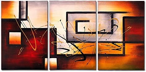 VASTING ART 3 Panel Oil Paintings Framed Canvas Wall Art, Hand Painted Modern Abtract Art Geometry Line Painting Ready to Hang for Bedroom Living Room Wall Decor