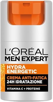 L'Oréal Paris Men Expert Crema Idratante Anti-Fatica Uomo, Pelle Rivitalizzata, Levigata e Idratata, Occhiaie e Rughe Sottili Ridotte, Arricchita con Proteine e Vitamina C, Hydra Energetic, 50 ml