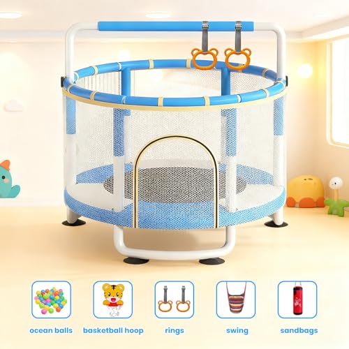 AM ANNA Kids Trampoline with Safety Net, 140 cm, 3-Height Adjustable Bar, Indoor/Outdoor, Multi-Toy Bundle