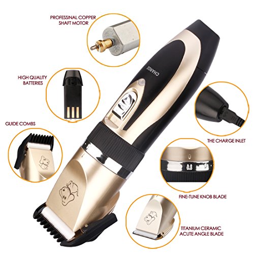 LUKDOF Dog Clippers, Waterproof Electric Dog Trimmer Rechargeable Low Noise Dog/Cat Shaver Pet Grooming Kits Hair Clippers Tool, 4 Guard Combs and 2 Rechargeable Battery