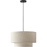20" Farmhouse Pendant Light Fixtures, 2-Tier Drum Pendant Lighting with Linen Lampshade, 3-Light Modern Hanging Chandeliers f