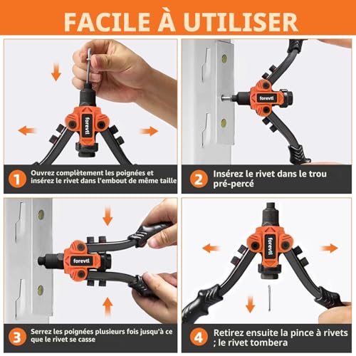 FOREVTL 26cm Rivet Pliers with Reinforced Lever - Professional 5in1 Manual Riveter for Blind Rivets Diameter 2.4 - 6.4 mm - Includes 200 Rivets & 5 Bits - Heavy Duty Metal Repair Tool