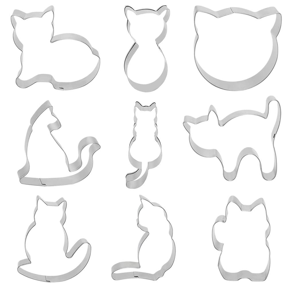 9 PCS Cat Cookie Cutters Stainless Steels Animal Biscuit Cutters Set Cute Cat Shaped Cookie Molds Sandwich Cutters for DIY Baking Cake Fondant Sugarcraft Pastry Bakeware Decoration