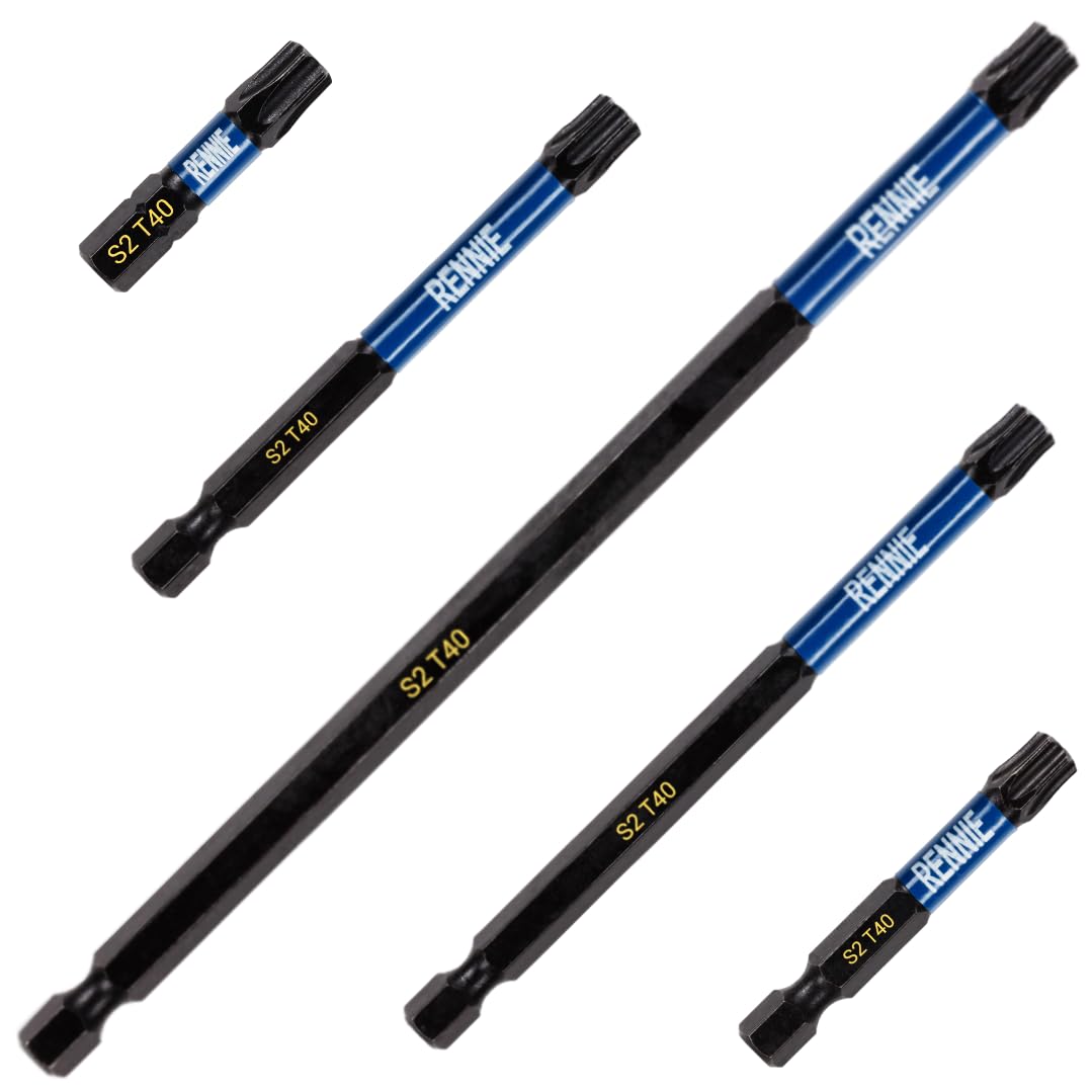5 x Rennie Tools T40 TX40 Impact Screwdriver Driver Bits Set x 32mm/50mm/75mm/100mm/150mm Long. Heavy Duty Magnetic Torx Screwdriver Bit Set. Oxide Coated Torx Impact Driver Bits.