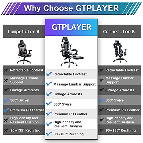 GTPLAYER Gaming Chair, Computer with Footrest and Lumbar Support Height Adjustable with 360°-Swivel Seat and Headrest for Office or Gaming (White)