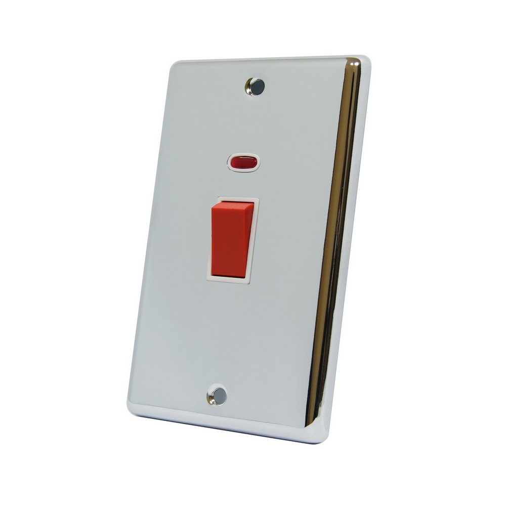 AET CPCCSWWHT 45 A 2-Gang Classical Chrome Polished Double Plug Cooker Switch with White Insert Tall Plate and Neon Indicator