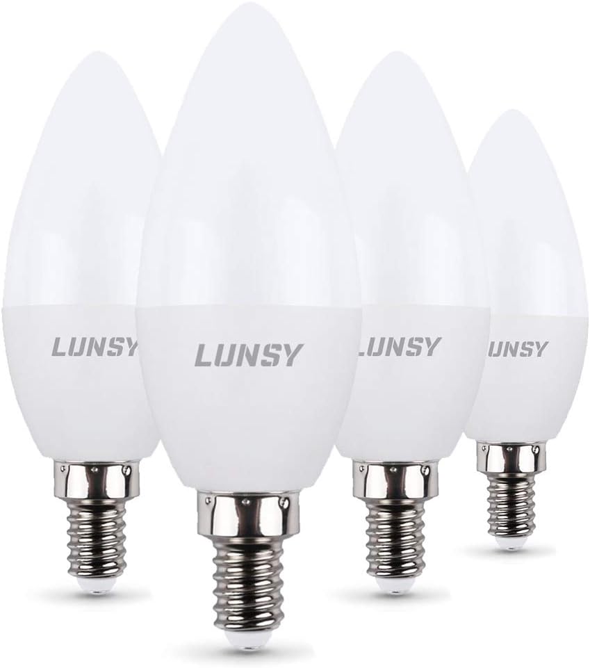 LUNSY E12 LED Candelabra Bulb, 60 Watt Equivalent, 600 Lumens Daylight White 5000K Chandelier Bulbs, Decorative Candle Light Bulbs E12 Base, Not Dimmable, 4 Pack