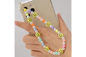 SYSUII Beaded Mobile Phone Lanyard Wrist Strap, Colorful Smile Beads Chain Phone Charm Anti-lost Chain Cellphone Strap Hanging Cord for Women Girl Summer Trend Smiley Cute Jewelry