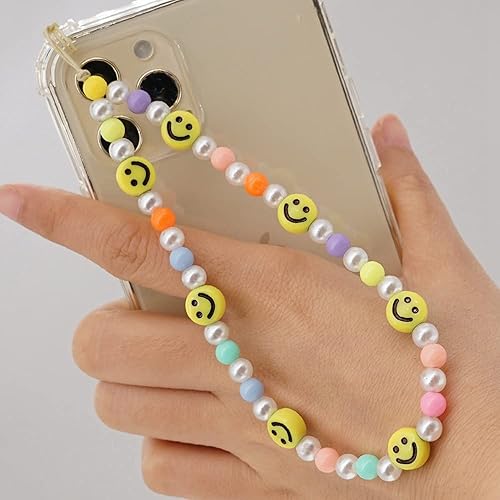 ISYSUII Beaded Mobile Phone Lanyard Wrist Strap, Colorful Smile