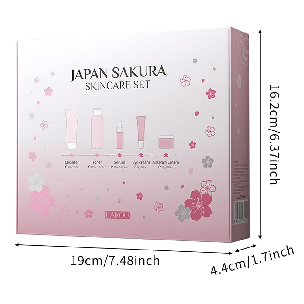 Sakura Skincare Kit for Teenage Girls Women, 5Pcs Skin Care Travel Present Set with Cleanser, Toner, Serum, Eye Cream, Face Cream
