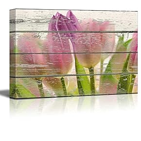 Pink Purple and Green Tulips Floral Artwork - Rustic Canvas Wall Art Home Art - 12x18 inches