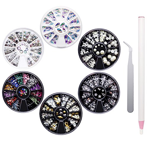 Homgaty Acrylic Nail Art Rhinestones Set, 6 Pack Nail Wheels Colourful Decoration Accessories For Girls, Mixed Size 3D Glitter Nails With Pick Up Pencil and Tweezer
