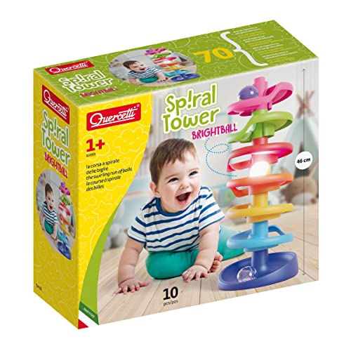 Quercetti Spiral Tower Brightball Ball Drop Toy - Tall 18” Tower has Level Levels and Comes with 1 Motion-Activated Light-up Ball and 2 Large Rattle Balls - for Toddlers Ages 1-3 Years