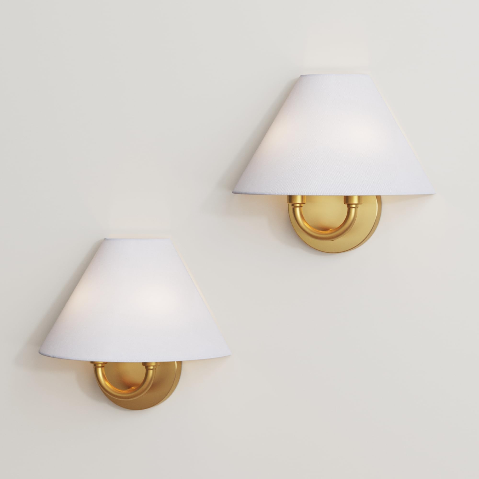 Nathan James Shoal Modern Wall Light Fixture with White Linen Lamp Shade and Vintaged Brass Metal Base for Bedroom or Living Room, Set of 2