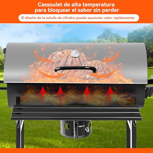 Asador de Carbon Portatil con Ruedas,Sador de Carbon Con Tapa y Doble Nivel,Parrilla Asador de Carbón con Mesa Frontal Lateral,Parrilla de Carbón Premium,Gran Capacidad,para Jardín,Patio