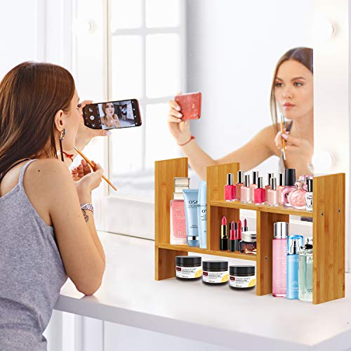 Pipishell Bamboo Desktop Shelf Organizer, Adjustable Shelves Storage