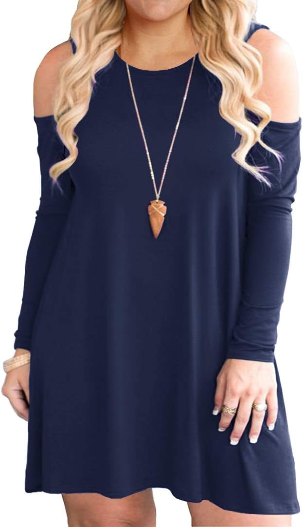 QIXING Women's Cold Shoulder Long Sleeve Plus Size Dress Casual T-Shirt Swing Dresses with Pockets