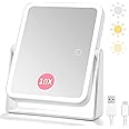 DESCHEN Rechargeable Travel Makeup Vanity Mirror with Lights and Magnification, Portable 10X/1X Magnifying Mirror with 360 Rotation LED Mirror